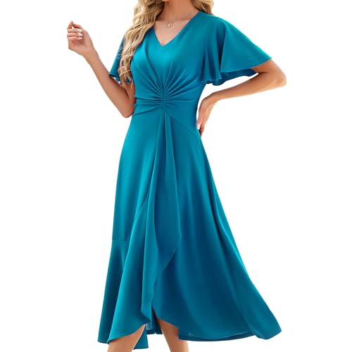 Image of QMZ Wedding Guest Dresses for Women V Neck Cocktail Dress Ruffle Sleeve A Line Evening Party Formal Dresses for Women
