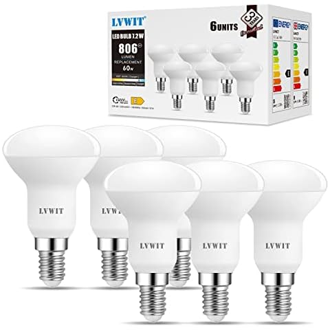 E14 Spotlight Led Reflector R50 ,LVWIT 7.2W E14 Daylight White R50 Spot 60W Incandescent Bulb, 806LM,6500K Cold White Low Energy Bulbs R50, 120° Wide Angle, Non-dimmable (Pack of 6 Cover