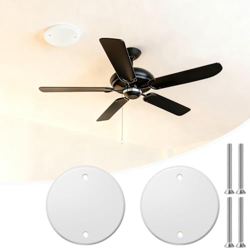 2 Packs Metal 5 Inch Flat Round Ceiling Cover Plate - White Blank Electrical Wall Plate with Screws 3.5 Inch Hole Spacing Fits 4 Inch Electrical Box (Ceiling Fan Switch Cap)