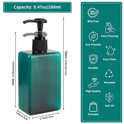 Image of Segbeauty 4pcs Empty Shampoo Bottles, 9.5oz Plastic Square Shower Pump Bottle Refillable, 280ml Small Green Lotion Dispenser Makeup Container with Labels for Travel Bathroom Hotel Kitchen Sink Dresser