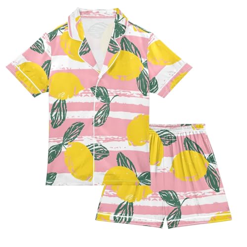 ALAZA Lemon Leaf Citrus Striped Pajamas Satin Pajama Set Short Sleeve Button Down Sleepwear