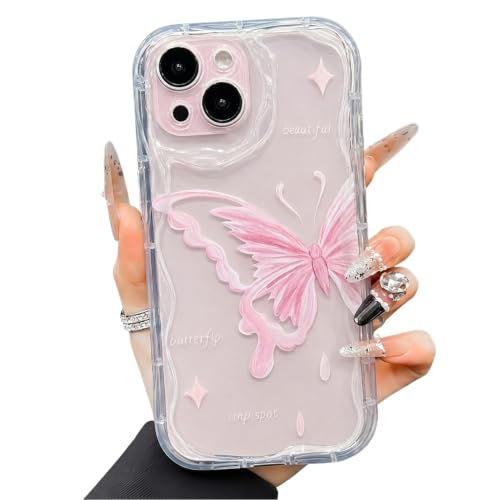 Image of VONZEE Cute Pink Butterfly Transparent Back Cover for iPhone 15| Clear Shockproof TPU Protective Case | Slim Anti-Yellowing Crystal Clear Phone Cover for Girls and Women