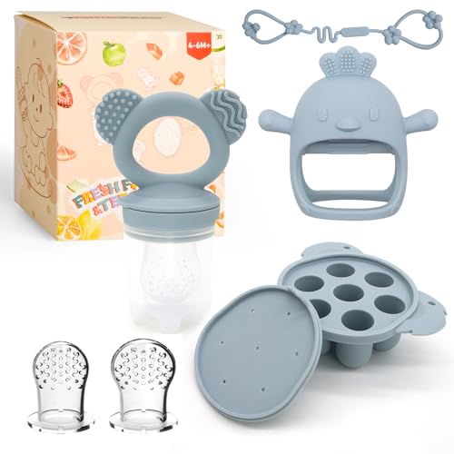 Image of Baby Fruit/Food Feeder with Breastmilk Popsicle Molds & Teether Combo Food Grade Silicon for 6M+ Breastmilk Pops, Frozen Fruit, Baby Teething Relief, Christmas Idea Gift (Blue)