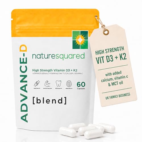 Image of NATURE SQUARED Advance-D [Blend]: Premium Vitamin D3 3000IU + K2 200ug (MK7) with Calcium, Vitamin C & MCT Oil - 60 High Strength Capsules - 2 Month Supply - Non GMO - Gluten Free - GMP - UK Made