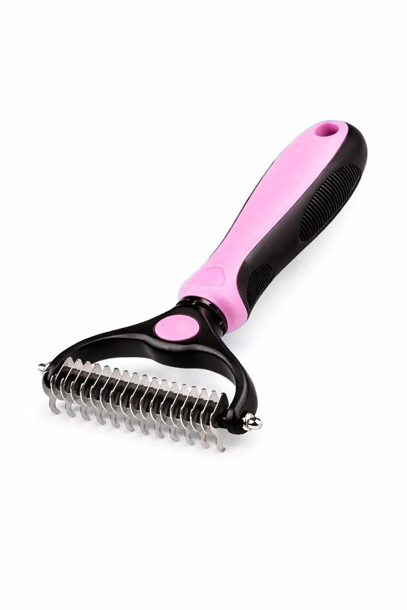 Dematting Comb for Dogs & Cats – Double-Sided Deshedding Tool (11+6 Blades) – Removes Knots, Tangles & Undercoat – Grooming Rake for Small & Medium Pets – Safe Rounded Teeth – Blue,Pink (Pink)