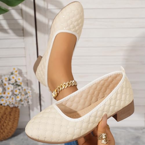 Women's Quilted Ballet Flats - Low Block Heel, One Foot Stirrup Round Toe Plaid Casual Comfort Formal Loafers with Arch Support Insoles3