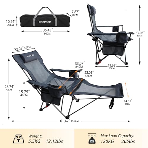 Reclining Camping Chair with Removable Footrest Lounge Chair with Headrest, Cotton Cushion, Portable Adjustable Folding Chairs - Image 4