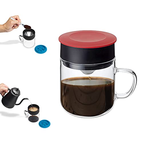 Divan Tree Reusable Pour-Over Coffee Maker Mug with Stainless Steel Dripper Filter Set, Enhanced Glass Coffee Mug with Handle for Office, Travel, and Home, 9oz, Clear(Red)