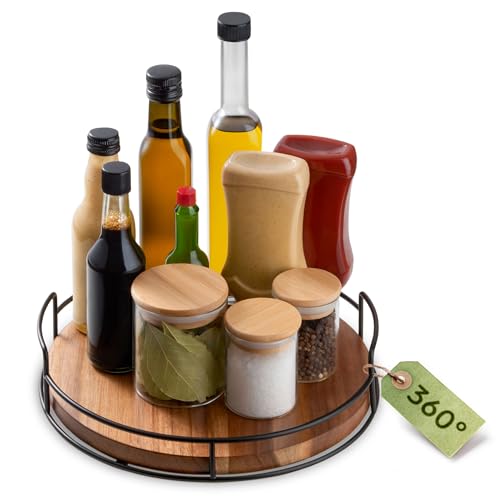 Praknu Plateau Tournant - en Bois Durable FSC - Rotation à 360° - Organisateur Lazy Susan - Grande - Base Antidérapante - Rangement pour la Cuisine