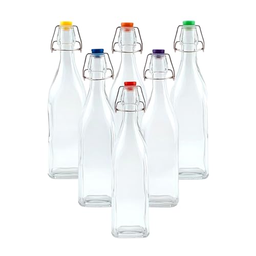 simpa Vintage Style Clear Glass Bottles with Assorted Colour Swing Top Lids. Square 750ml Bottles - Set of 6
