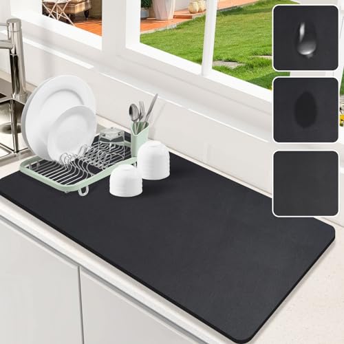 Image of Dish Drying Mat for Kitchen Counter, 17 inchx31.5 inch Dish Drying Pad with Non-slip Rubber Backed, Hide Stain Anti Absorbent for Kitchen Counter, Drying Mat for Coffee Machine Dish Rack (Black)