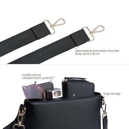 bugatti Ella Schultertasche für Damen, Frauen-Umhängetasche in Saffiano-Art aus Kunstleder, schwarz