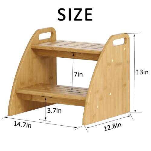 Image of Bamboo 2 Step Stool 300lbs Capacity, Wooden Two Step Stool with Non-Slip Handles, Heavy Duty Stepping Stool for Bedside High Beds Adults, Sturdy Small Bathroom Kitchen Wooden Step Stool
