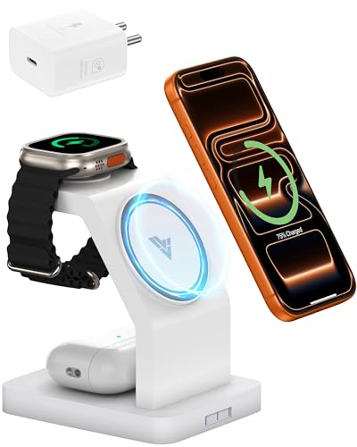Image of eller sante 3in1 23W Magnetic Mag-Safe Wireless Charger with 30W Adapter iPhone 17 /17 Air /17 Pro /17 Pro Max, 16 /16 Plus /16 Pro /16 Pro Max, 15 /14 /13 /12, Airpods 3rd /2nd gen, Series 9 /8 /7 /6 /5 /4 /SE-White