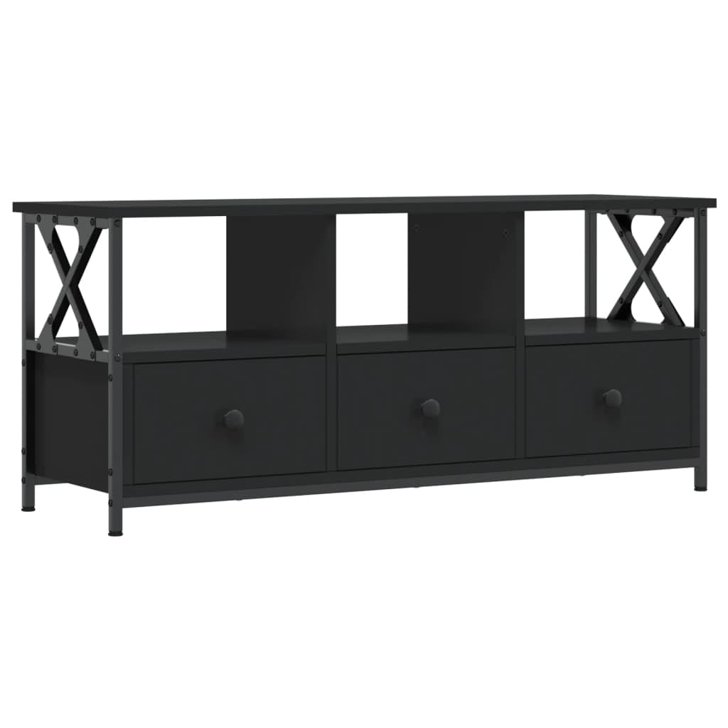 TV Schrank Schwarz 102 x 33 x 45 cm Industrial Lowboard aus Holzwerkstoff und Eisen mit 3 Schubladen für Wohnzimmer und Flur