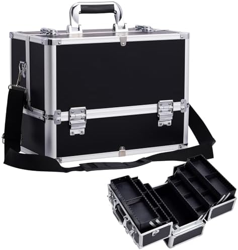 Maletin Maquillaje Profesional Estuche Maquillaje Neceser Maquillaje Joyero Organizador Mujer Maletin de Manicura Peluqueria Caja Maquillaje Cosméticos de Viaje con Correa para el Hombro Negro