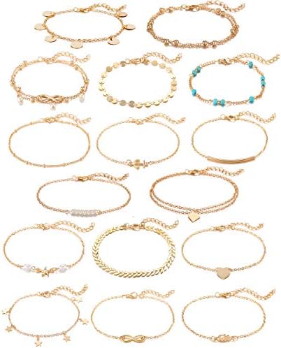 Softones 16Pcs Ankle Bracelets for Women Girls Gold Silver Two Style Chain Beach Anklet Bracelet Jewelry Anklet Set,Adjustable Size