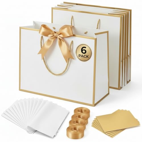 CIRCUIT GREEN 6-Pack Luxury Medium White Gift Bags with Gold Trim (281020 cm) Includes 6 Gold Ribbons 6 Greeting Cards & 12 Matching White Tissue Sheets Premium Festive Gift Bag Set
