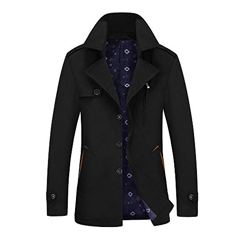 junfeng Trench-Coat Simple Boutonnage pour Hommes Slim Revers mi-Long Joker Manteau de Mode décontracté-Black_XXL Cover