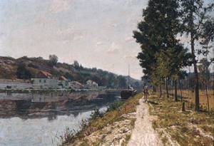 Peinture Banks de The Loing William Lamb Picknell tableau impressionniste 20 x 24 pouces