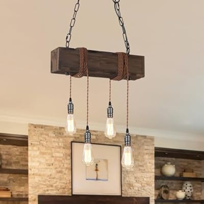 Farmhouse Pendant Light for Kitchen Island,4 Light Adjustable Dining Room Light Fixture,Rustic Wood Chandelier for Kitchen Pool Table Living Room Cabin.