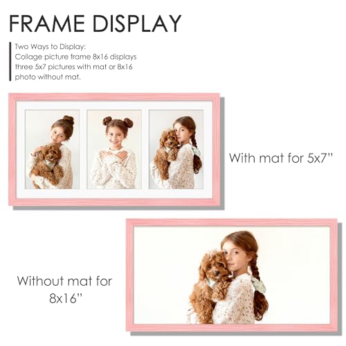 Image of DUENPY 8x16 Collage Picture Frame 5x7 Collage Picture Frame Displays Three 5x7 inch Photos or 8x16 (Without Mat) for Available Horizontal Wall Mounting Display and Vertical Pink