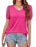 Halife Women's Short Sleeve Tops Summer Vacation V Neck Going Out Outfits ShirtsTunic Tops Hot Pink XL