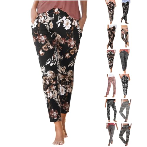 Pantalones bohemios de verano para mujer, con estampado floral vintage, para playa, pantalones deportivos elásticos con cordón en la cintura, bolsillos laterales, tobillos, ligeros, de longitud