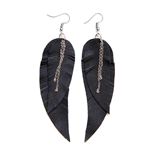 Black Leather Feather Earrings, layered earrings, tribal Earrings, Boho earrings, dangle earrings, long earrings