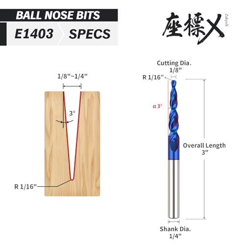 Image of ZahyoX 3D Carving Tapered Angle Ball Nose CNC Bit, 3.0 Degree NACO Coated Router Bit, 1 /16 inch Cutting Dia, 1 /32 inch Radius, 1 /4 inch Shank, 3 inch Overall Length, 2 Flutes, CNC Router Bits, CNC End Mill