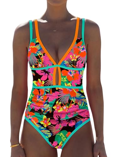 Image of popvil Women One Piece Swimsuit 2026 Tummy Control Sexy Cutout Neon Color Block Bathing Suit Slimming Adjustable Swimwear