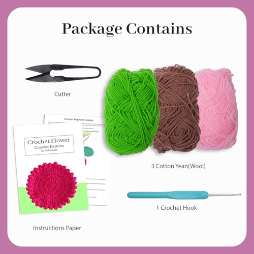 Image of picknMAKE 6 Pcs Blossom Puff Crochet Coaster DIY Coaster Kit, Crochet Kit for Beginners, Crochet Yarn Full Kit, Multicolor Decorative Crochet Flower Coasters Craft Kit with All Material Included