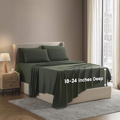 Image of Nestl Extra Deep King Sheet Set - 6 Piece Breathable & Cooling Sheets - Hotel Luxury Bedding Set w /18-24 Inch Deep Pockets - Easy & Secure Fit - Super Soft, Wrinkle Free & Comfy - Olive Green