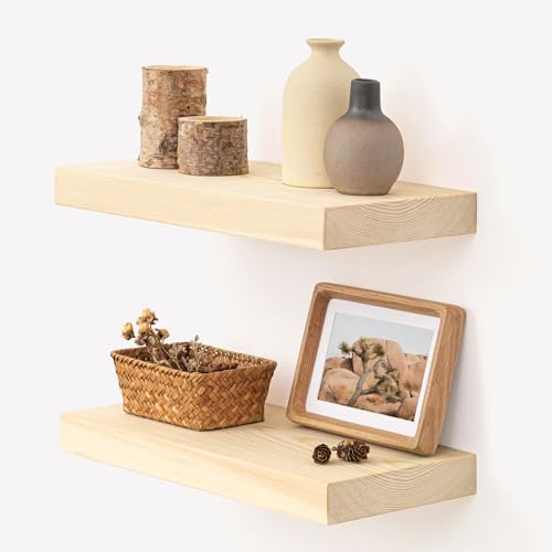 Image of Marsmiles Natural Wood Floating Shelves | Unfinished Wood Wall Shelves Set of 2 | 16 inch W x 7.7 inch D x 1.6 inch H Natural Wooden Shelves for Bathroom Living Room Kitchen