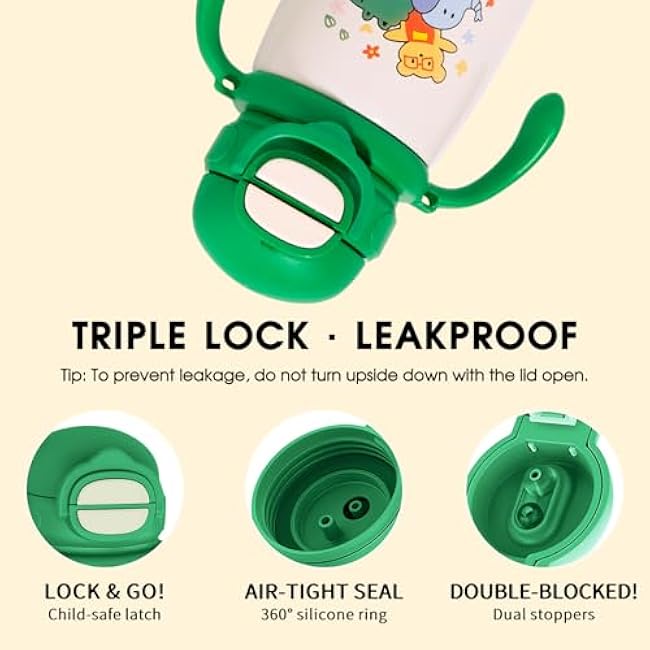 13oz Kids Insulated Water Bottle, 2-in-1 Straw & Spout Lid, with Shoulder Strap and Handle, 316 Stainless Steel Water Bottle for Toddler, Sports, Travel, and School (Green - Animals)