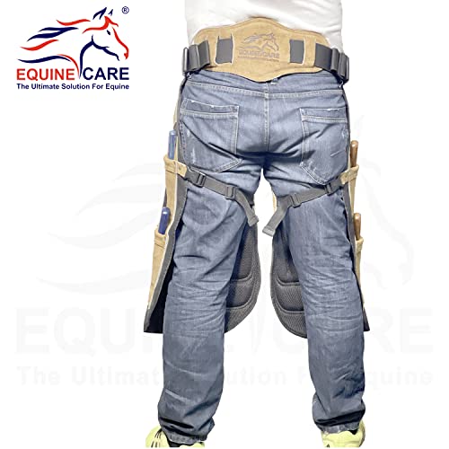 Image of Equine Care Farrier Apron Chaps - Cowhide Suede Leather & Canvas, Adjustable Waist 28 inch-52 inch with Back Support, Tool Pockets & Nail Magnets - 23 inch, 25 inch, 27 inch, 29 inch for Horse Shoeing (27 inches (70 cm))
