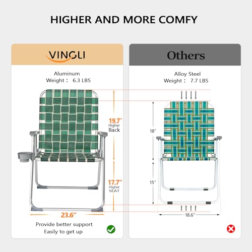 image for VINGLI Folding Webbed Oversized Lawn Chairs with Detachable Cup Holder