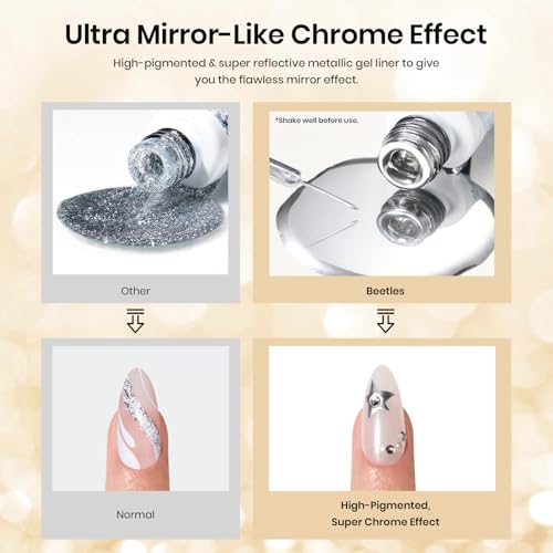 Image of Beetles Gel Liner Nail Polish Set 5ml, 4 Pcs Nail Art Liner Gold Glitter Silver Black White Gel Polish Kit, 3D Mirror Painted Glossy Swirl French Chrome Effect Nails Design Gift for Women