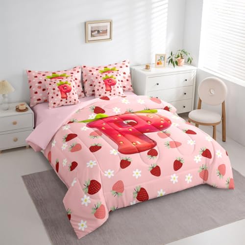 Image of Feelyou Girls Strawberry Comforter Set Full Size 7 Pieces Pink Strawberry Bedding Set for Kids Boys Girls Initial Letter P Bed in a Bag with Comforter, Sheets, Pillowcases, Cushion Covers