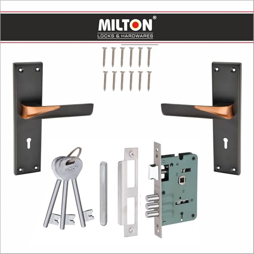 Image of Milton Iron Mortise Door Handle Lock Set with Keyhole, Finish Black 200mm x 50mm Plate, 125mm Handle Length, Model MHI-581