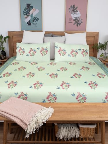 Image of Bougainvillea Premium Hand Block Printed Bedsheet | Bed Spread Flatsheet Bed Sheet | Pure Cotton | Double Bed Queen Size 90 inchx108 inch | 300 TC Long Staple Cotton | 2 Pillow Covers | Floral Print