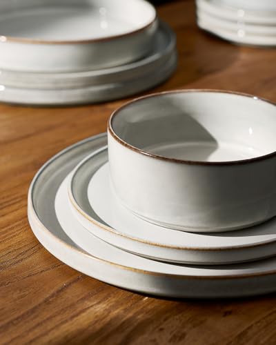 Image of Famiware Annecy Plates and Bowls Sets, Service for 4 (16 Pieces), Dinnerware Sets with Pasta Bowls, Microwave and Dishwasher Safe Dishes Set, Chip and Scratch Resistant, Grey White