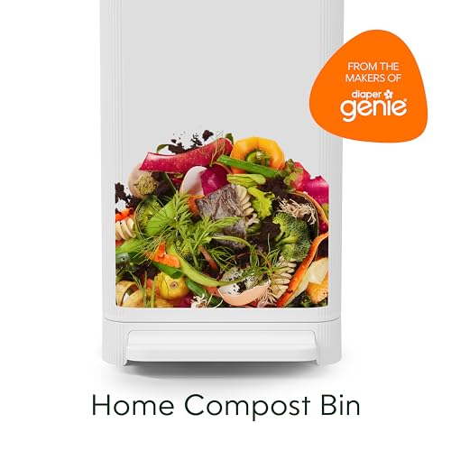 Image of Compost Genie Kitchen Compost Bin, White Stainless-Steel Large, 3.6 Gallon, Indoor Odorless Composting, Hands-Free, Washable Parts, Includes 8 Tear-Off Compostable Bags and 4 Carbon Filters