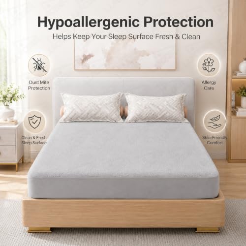 Image of Lukzer Waterproof Mattress Protector Grey King Size 72 x 72 Inches (6 x 6 ft) Ultra Soft Terry Cotton Feel Fabric with Elastic Skirting Hypoallergenic and Breathable Mattress Cover