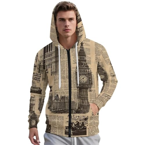Vintage Old Newspaper Paper London Men's Hoodies with Zipper Lightweight Long Sleeve Casual Sweatshirts2