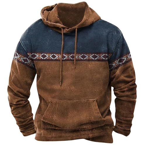 Mens Western Aztec Hoodie Vintage Ethnic Style Graphic Patchwork Hoodies Casual Pullover Sweatshirts with Pockets