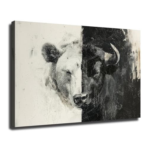 Gray Scale Bull Vs Bear Market Faces Art Oil Painting,