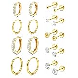 Jstyle 14K Gold Earrings for Women Hypoallergenic Small Huggie Hoop Earrings for Multiple Piercing Flat Back Stud Earrings Lobe Helix Cartilage Earring Sets Tiny Ball CZ Gold/Silver