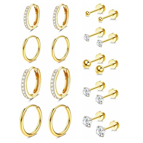 Jstyle 14K Gold Earrings for Women Hypoallergenic Small Huggie Hoop Earrings for Multiple Piercing Flat Back Stud Earrings Lobe Helix Cartilage Earring Sets Tiny Ball CZ Gold/Silver