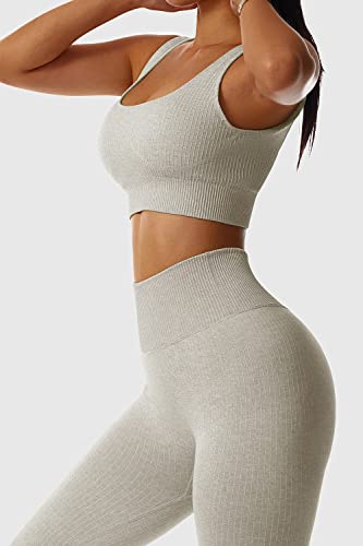 Yetowa Women's 2Pcs Seamless High Waist Outfit Workout Sets Fitness Sports Tracksuit Running Clothes Yoga Sportswear Khaki Medium #TOP2